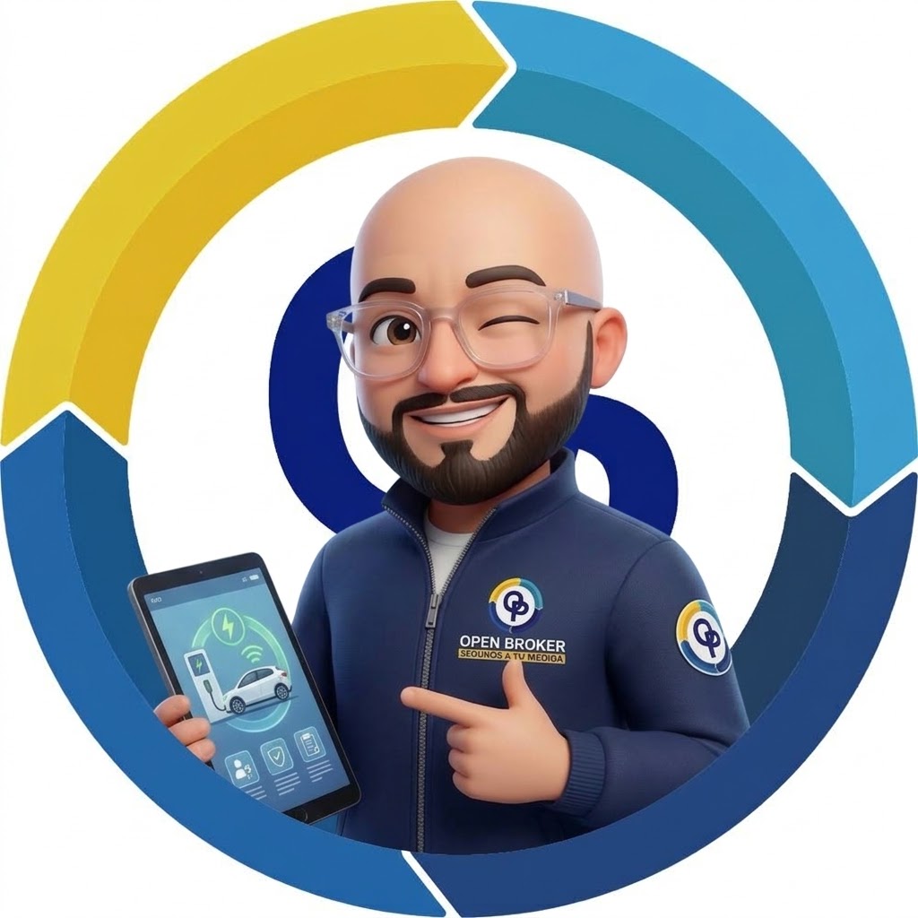 Avatar de Open Broker con una tableta que muestra un vehículo eléctrico.